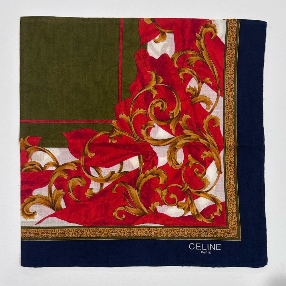 WOMEN HANDKERCHIEF CELINE Blue Green Gold Scarf COTTON POCKET SQUARE 20” - Picture 3 of 9